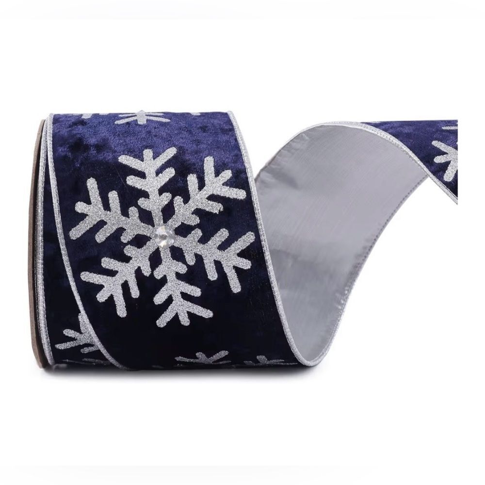 Blue Wired Velvet Ribbon Silver Glitter Snowflake  4 Inch x 10 Yards